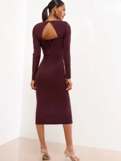 Lipsy Wine Embellished Shoulder Trim Long Sleeve Bodycon Midi Dress New