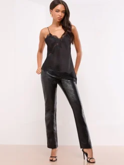 Lipsy Straight Leg Trousers Woven Black Faux Leather New