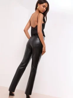 Lipsy Straight Leg Trousers Woven Black Faux Leather New