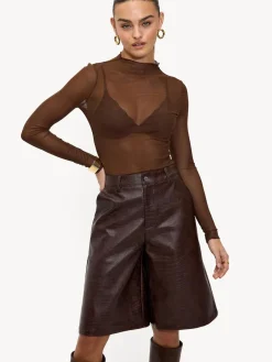 LOAVIES Hold The Haze Of Autumn Croc Faux Leather Long Brown Shorts Discount