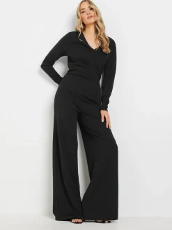 Long Tall Sally Black Long Sleeve Scuba Wrap Jumpsuit Outlet