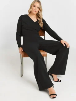 Long Tall Sally Black Long Sleeve Scuba Wrap Jumpsuit Outlet