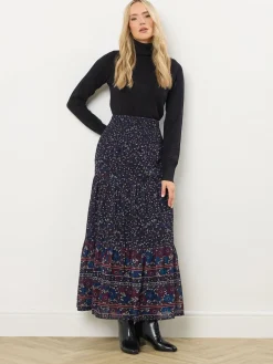 Long Tall Sally Blue Floral Border Tiered Skirt Outlet