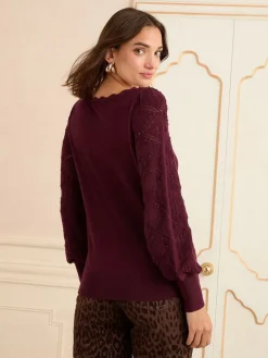 Love & Roses Berry Bobble Stitch Scallop Knit Jumper Hot