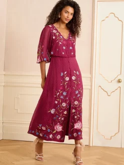 Love & Roses Berry Red Embroidered Dobby Scallop Neck 3/4 Sleeve Midi Dress Clearance