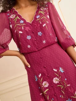 Love & Roses Berry Red Embroidered Dobby Scallop Neck 3/4 Sleeve Midi Dress Clearance