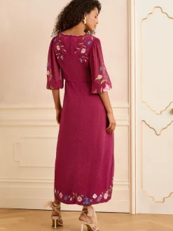 Love & Roses Berry Red Embroidered Dobby Scallop Neck 3/4 Sleeve Midi Dress Clearance