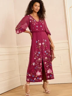Love & Roses Berry Red Embroidered Dobby Scallop Neck 3/4 Sleeve Midi Dress Clearance