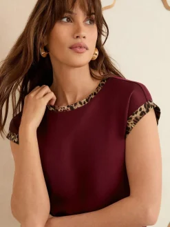 Love & Roses Berry Red Print Satin Front Jersey Back Crew Neck Blouse