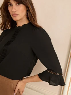 Love & Roses Black 3/4 Flute Sleeve Blouse New