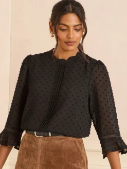 Love & Roses Black 3/4 Flute Sleeve Dobby Blouse Best