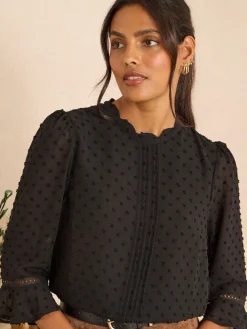 Love & Roses Black 3/4 Flute Sleeve Dobby Blouse Best