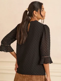 Love & Roses Black 3/4 Flute Sleeve Dobby Blouse Best