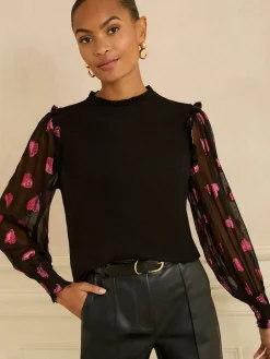 Love & Roses Black and Red Heart Print Mixed Jersey Sheer Sleeve Top Hot