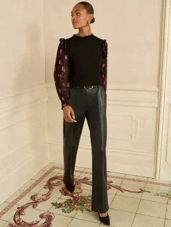 Love & Roses Black and Red Heart Print Mixed Jersey Sheer Sleeve Top Hot