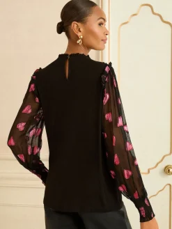 Love & Roses Black and Red Heart Print Mixed Jersey Sheer Sleeve Top Hot