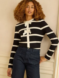 Love & Roses Black And White Striped Bow Detail Knitted Jumper Best
