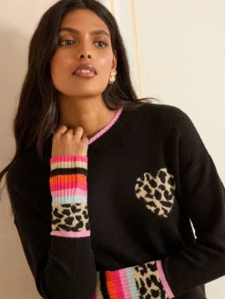 Love & Roses Black Animal Print Heart Crew Neck Cosy Jumper Best
