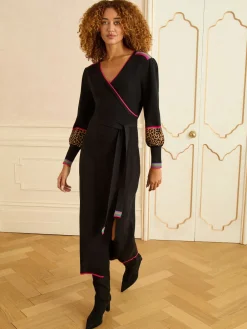 Love & Roses Black Animal Rainbow stripe V-Neck Knitted Midi Dress Clearance