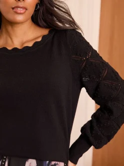 Love & Roses Black Bobble Stitch Scallop Knit Jumper