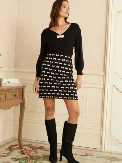 Love & Roses Black Bow Print V-Neck Knitted Mini Dress Hot