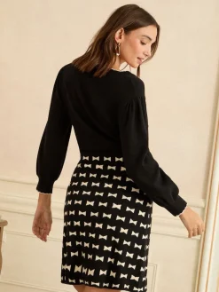 Love & Roses Black Bow Print V-Neck Knitted Mini Dress Hot