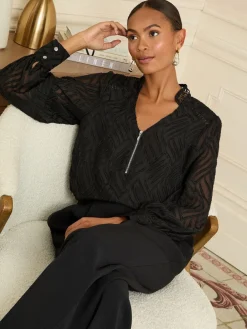 Love & Roses Long Sleeve Zip Front Blouse Black Burnout Sale