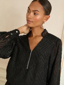 Love & Roses Long Sleeve Zip Front Blouse Black Burnout Sale