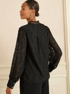 Love & Roses Long Sleeve Zip Front Blouse Black Burnout Sale