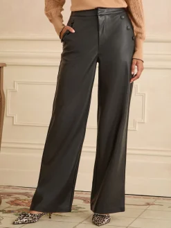 Love & Roses Black Button Detail Faux Leather Wide Leg Trousers Sale