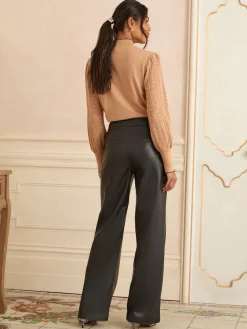 Love & Roses Black Button Detail Faux Leather Wide Leg Trousers Sale