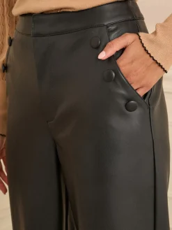 Love & Roses Black Button Detail Faux Leather Wide Leg Trousers Sale