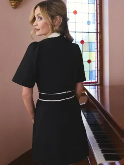 Love & Roses Black Crepe Floral Embroidered Collared Mini Dress Outlet