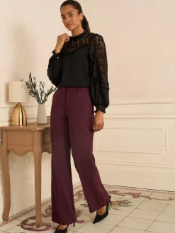 Love & Roses Crew Neck Lace Yoke Long Sleeve Blouse Black New