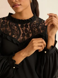 Love & Roses Crew Neck Lace Yoke Long Sleeve Blouse Black New