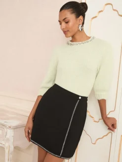 Love & Roses Black Dimante Trim Wrap Mini Skirt Outlet