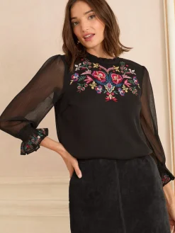 Love & Roses Embellished 3/4 Flute Sleeve Blouse Black Clearance
