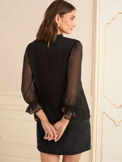 Love & Roses Embellished 3/4 Flute Sleeve Blouse Black Clearance