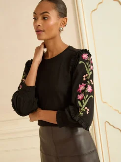 Love & Roses Black Embroidered Detail Jersey Top Online