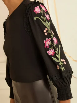 Love & Roses Black Embroidered Detail Jersey Top Online