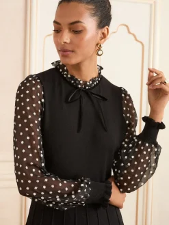 Love & Roses Frill Neck Chiffon Sleeve Knitted Mini Dress Black Floral Spot Frill Neck New