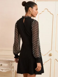 Love & Roses Frill Neck Chiffon Sleeve Knitted Mini Dress Black Floral Spot Frill Neck New