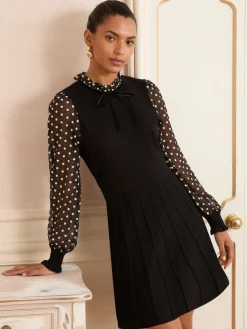 Love & Roses Frill Neck Chiffon Sleeve Knitted Mini Dress Black Floral Spot Frill Neck New