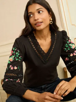 Love & Roses Black Floral Embrodiery Lace Insert V-Neck Long Sleeve Top Clearance