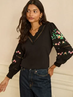 Love & Roses Black Floral Embrodiery Lace Insert Petite V-Neck Long Sleeve Top Hot