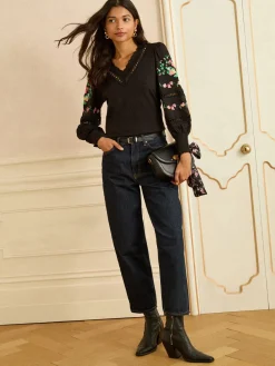 Love & Roses Black Floral Embrodiery Lace Insert Petite V-Neck Long Sleeve Top Hot