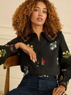 Love & Roses Black Floral Embroidered Collar Blouse Outlet