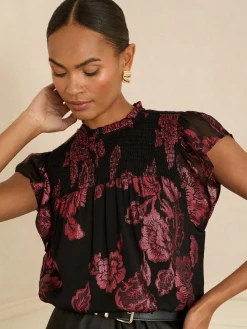 Love & Roses Metallic Crew Neck Shell Top Black Floral Sale