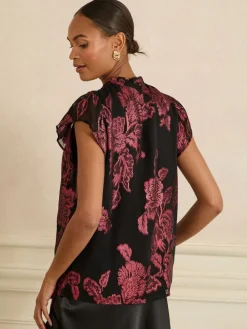 Love & Roses Metallic Crew Neck Shell Top Black Floral Sale