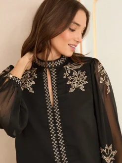 Love & Roses Black Gold Embroidery Long Sleeve High Neck Blouse Discount